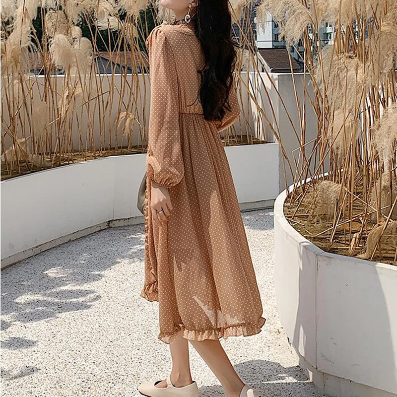 Однотонная винтажная одежда цвета хаки весеннее женское длинное шифоновое