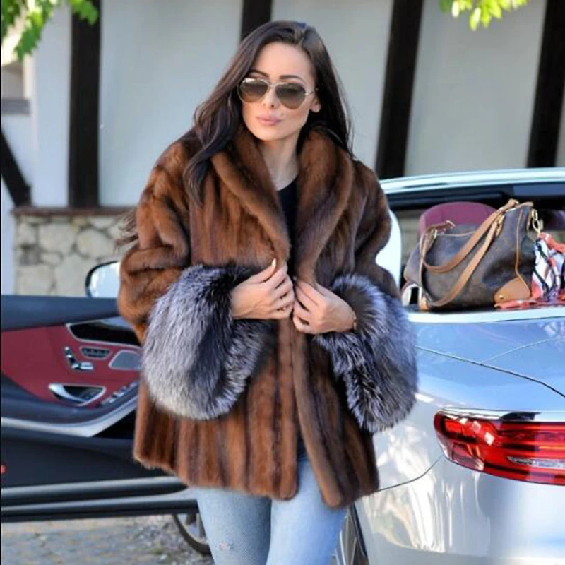 

Winter Women Natural Fur Coats Outwear High Quality Genuine Mink Fur Jackets With Silver Fox Fur Cuff Luxury Fur Overcoats Woman