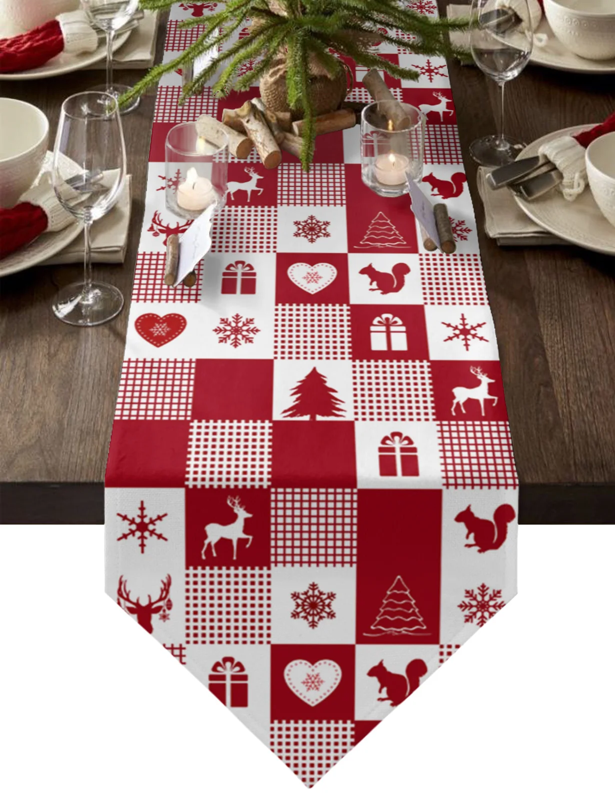 

Christmas Red Plaid Winter Christmas Tree Elk Snowflake Gift Table Runner Table Wedding Tablecloth Christmas Decoration for Home