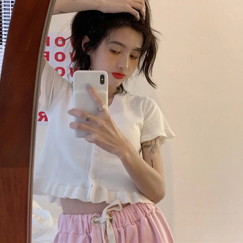 

Women Sweet V-neck Tops Butterfly Sleeve Ruffled Short Section Exposed Navel Knitted Short-sleeved T-shirt