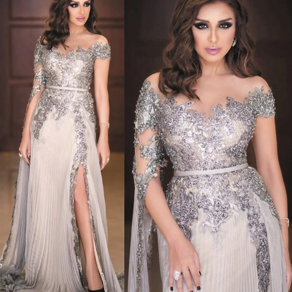 

SuperKimJo Vestidos Серебряная Бриллиантовая длинная Кружевная аппликация с бисером арабские элегантные платья для выпускного вечера