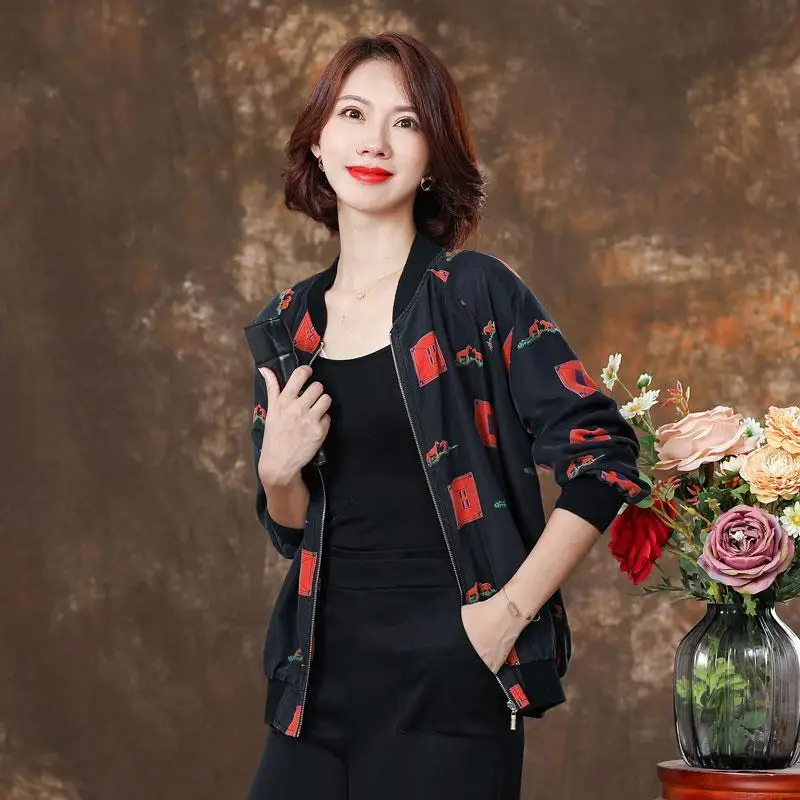

Luxury Brand Large Size Heavy Real Silk Baseball Jacket Women's New Fall Print Coat