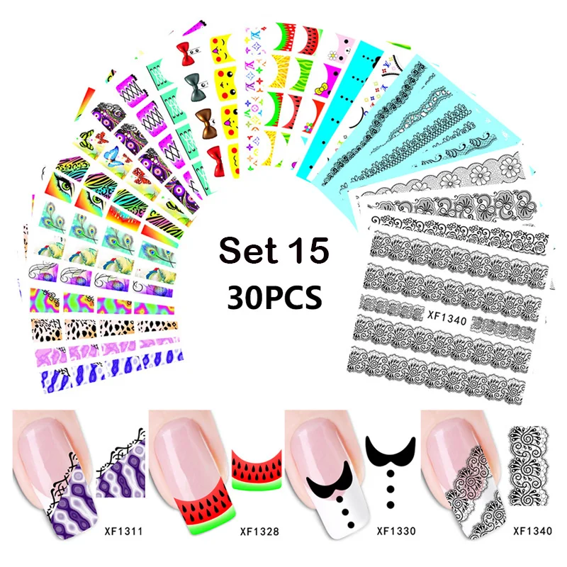 30 шт цветок наклейки для ногтей Переводные бабочки животные кружева перо клейкие