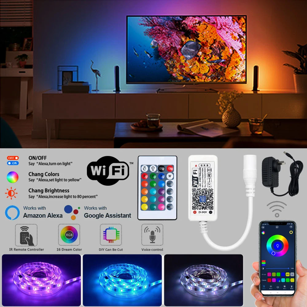 

Светодиодная лента Cozylamp Rgb 5050 гибкая лента Wi-Fi Bluetooth радиочастота 24 В Светодиодная лента 5 м 10 м 15 м 20 м Диод + управление + адаптер