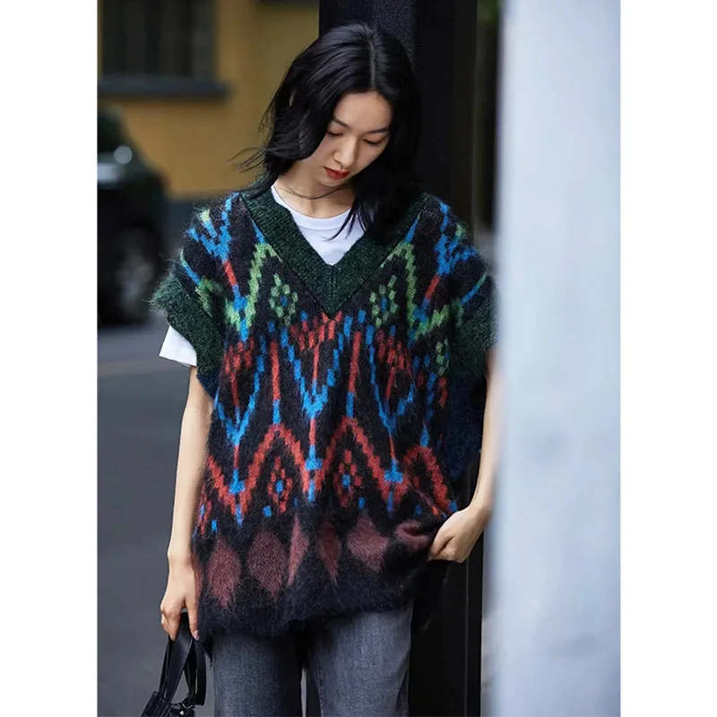 

Autumn V-Neck Multicolor Panelled Mohair Loose Mid-length Fur Vest Womens Knitted Vest Tank Top Sweater Vest Women
