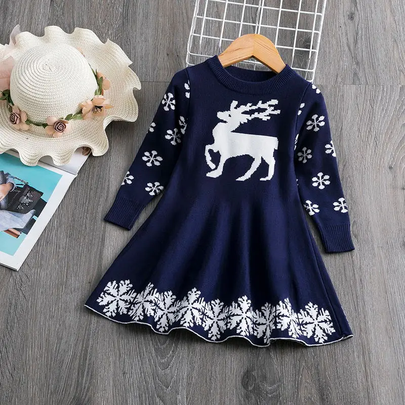 Dress 1 Blue Рождественское платье с длинными рукавами; коллекция года; сезон осень-зима; детская одежда с рисунком оленя; одежда принцессы для новогодней вечеринки - Цвет: Dress 1 Blue
