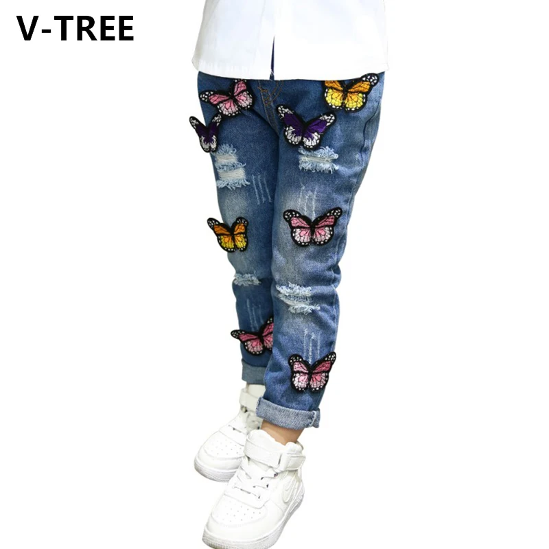 V TREE джинсы для девочек Рваные джинсовые штаны малышей Повседневные детские