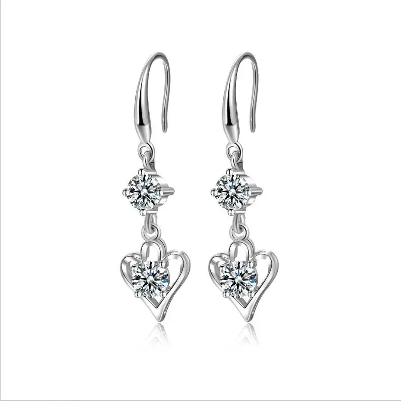 

Fashion 925 Sterling Silver Earrings For Women Jewelry Shiny Crystal Stone Girls Long Earring Heart Accessories Female Bijou