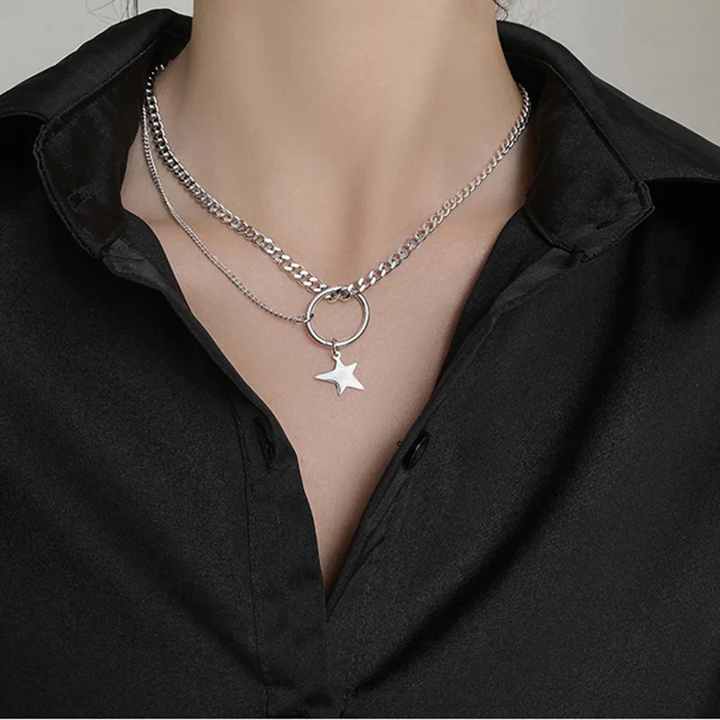 

Pentagram Asymmetric Necklaces &Pendants Double Chain Necklace For Women Collares stainless steel Necklace Jewelry kpop