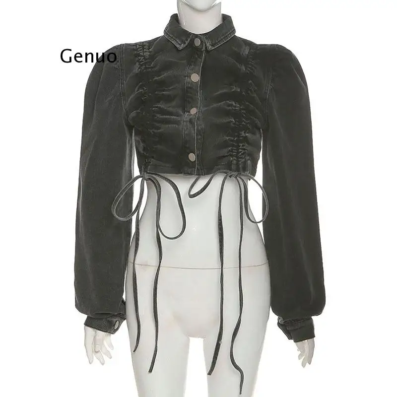 Женская джинсовая куртка на пуговицах плиссированная в уличном стиле завязках