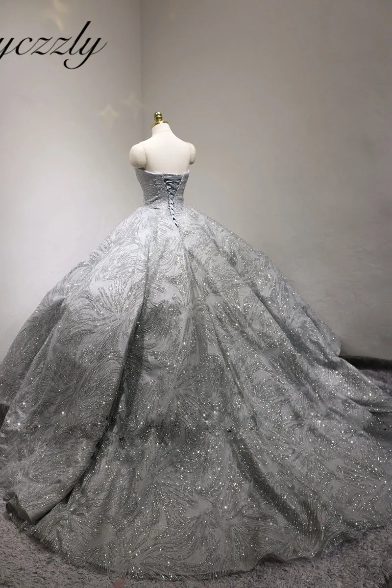 Роскошное блестящее свадебное платье 2019 серое бальное с сердечком пышное