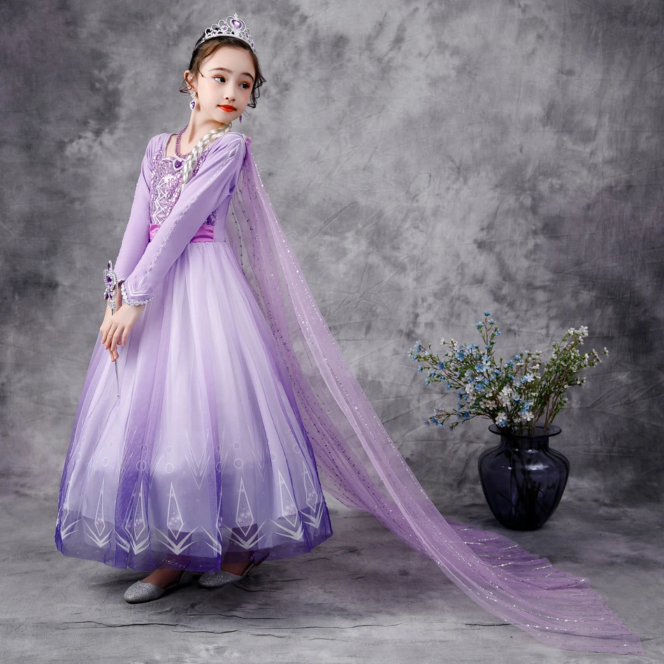 Frozen Elsa Dress Snow Queen 2 Girls Princess Dress Purple Long Sleeve Christmas Carnival Kids Cosplay Costume Wedding Dress