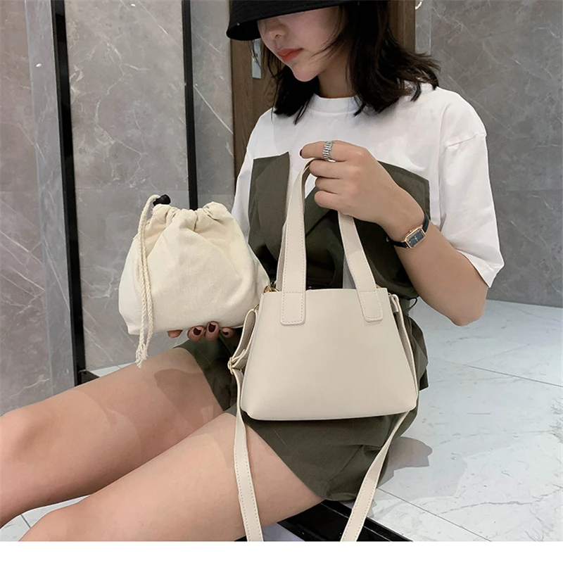 

2020 Fashion 2PCS Women Bucket Bag Set Adults Solid Color Adjustable Strap Handbag Pouch Drawstring Crossbody Handbags Purse