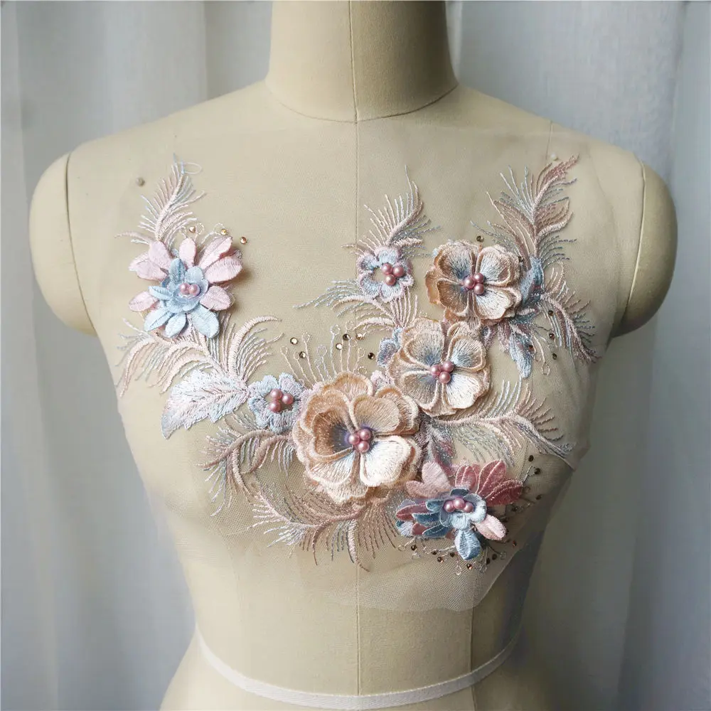 Шампанское 3D Цветочные кружевные тканевые бусины Стразы бахрома вышитые