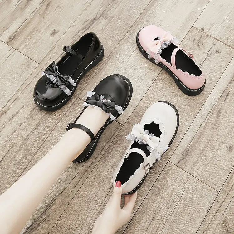 Kawaii/женские туфли на низком каблуке с круглым носком и кружевным бантом удобная