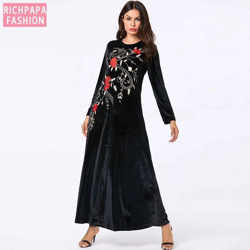 Женское длинное бархатное платье макси с цветочной вышивкой|Женские платья| |