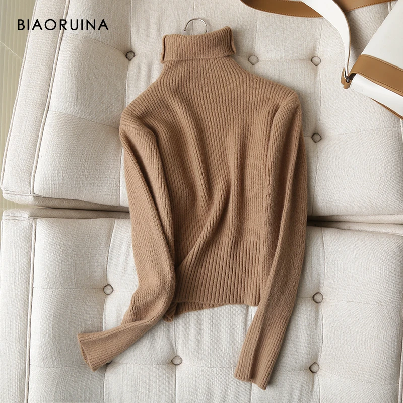 

BIAORUINA Women's Pure Color Stretch Knitted Turtleneck Sweater Ladies Elegant Pullover One Size Winter Thick Warm Sweaters