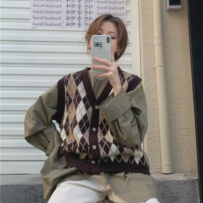 

Женский однобортный Кардиган, вязаный клетчатый свитер в винтажном стиле, 2 цвета, N0272, осень 2021