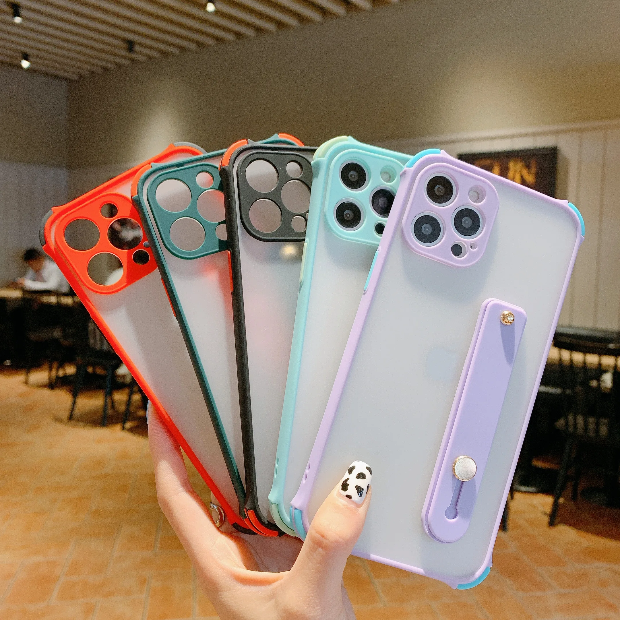 

Matte Transparent Shockproof Phone Case For Oneplus Nord 9 8T N100 N10 Pro 5G Candy Colors Wristband Kickstand Protection Cover