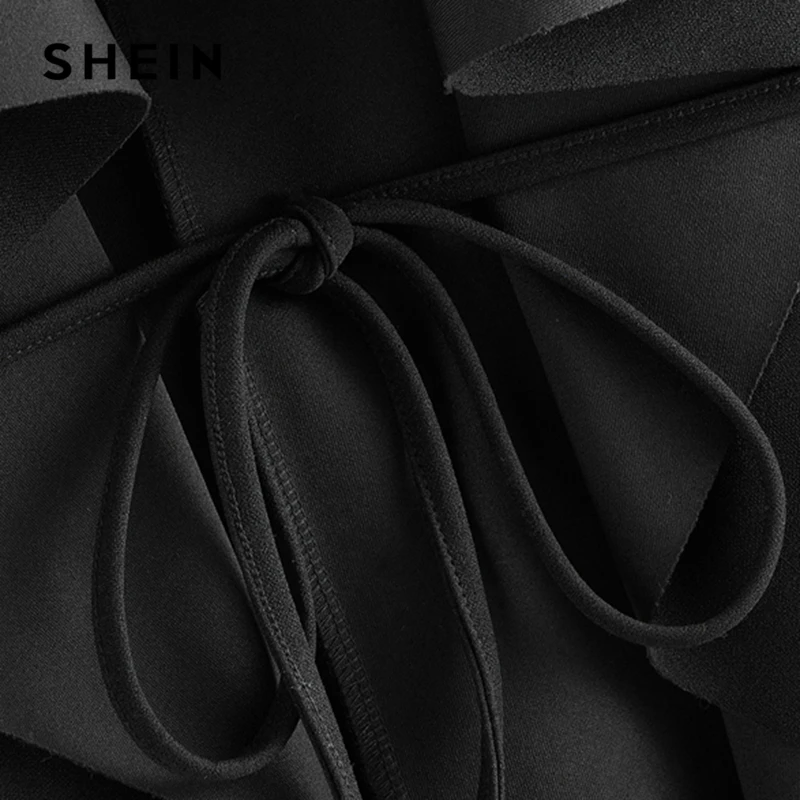 

SHEIN Black Waterfall Collar Asymmetrical Hem Coat With Belt Women Coats 2019 Autumn Solid 3/4 Length Sleeve Casual Outerwear