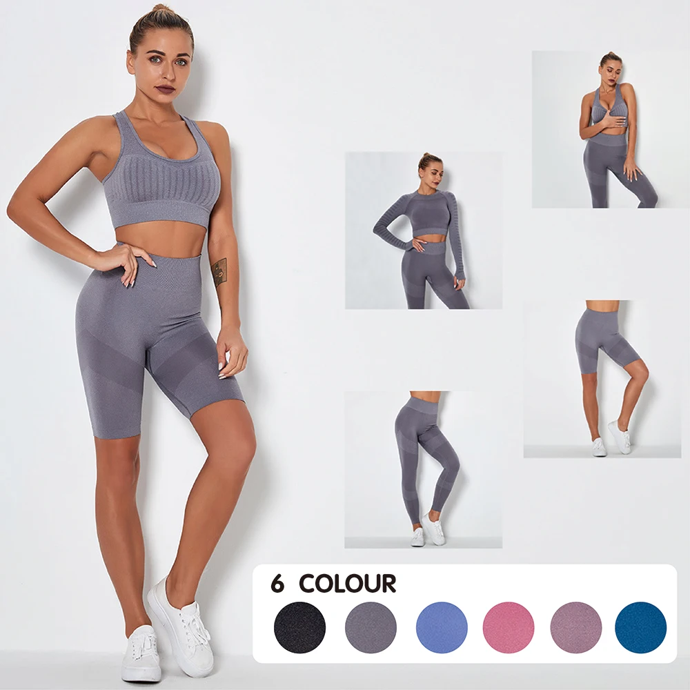 

Спортивный комплект для женщин, бесшовный комплект для йоги, Спортивная футболка, спортивный бюстгальтер, спортивные шорты, бесшовные легг...