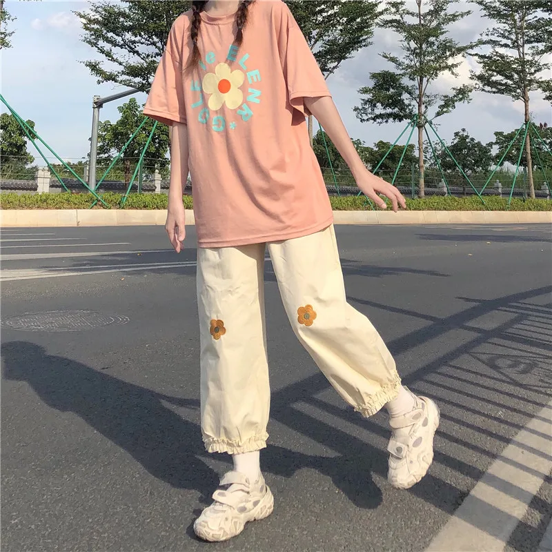 Японский Kawaii мягкие с цветочным мотивом для девочек С вышивкой Женские штаны