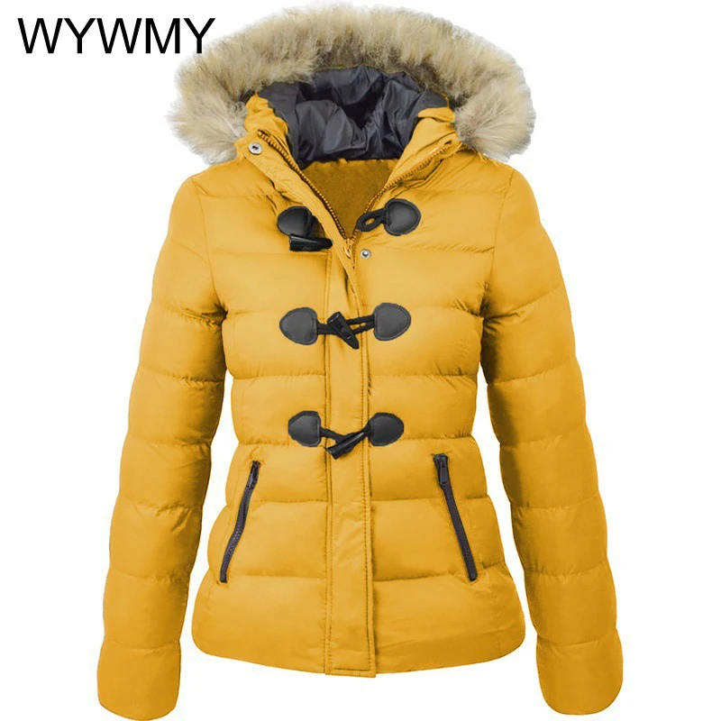 WYWMY Winter Snow Coat Women Parkas Casual Fur Collar Horn Buckle Parkas Cotton Solid Jacket Female Hooded Coats Warm Clothes