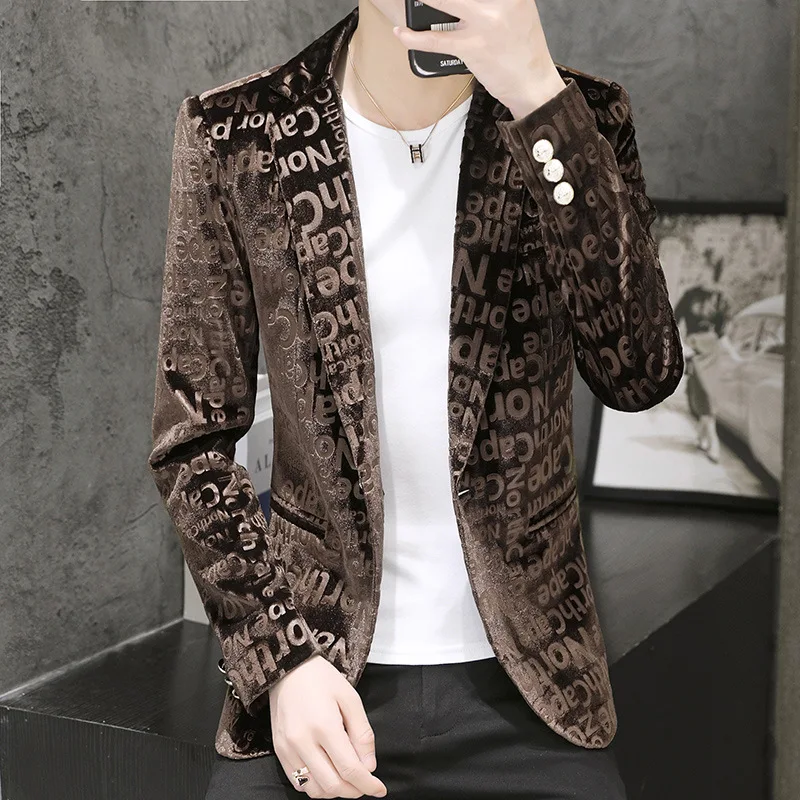 

2022 New Autumn Men's Gold Velvet Letter Printed blazer Youth Trendy Slim Single Button blazer