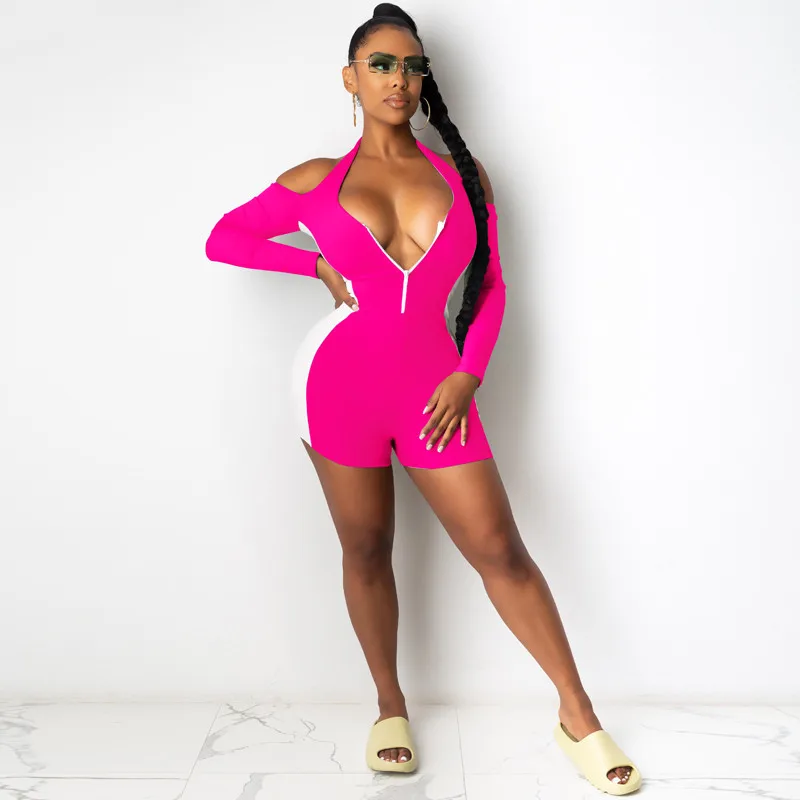 

CHRONSTYLEPatchwork Sporty Bodycon Rompers Women Halter Off Shoulder Long Sleeve Skinny Workout Zipper Biker Shorts Playsuits