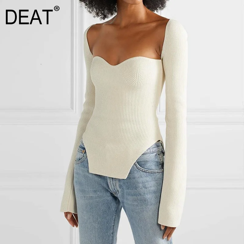 

DEAT 2021 new winter and summer fashion women clothes cashmere sqaure collar full sleeves elastic high waist sexy pullover WK080