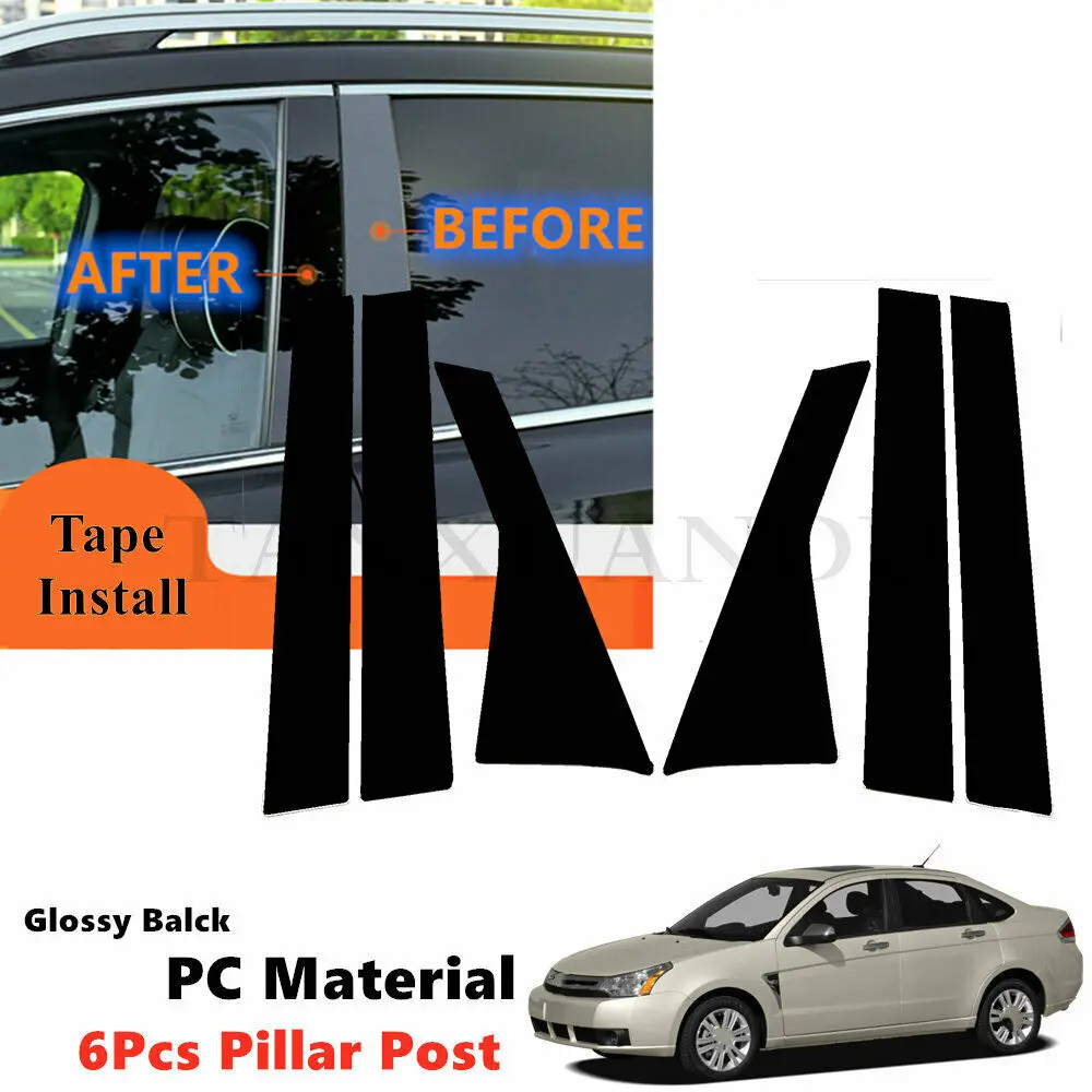 

Decal Cover PC 6Pcs Set Fit For FORD Focus 2008-2011 Sedan Exterior Side Door Window Cover Trim B C Pillar Posts Piano Black