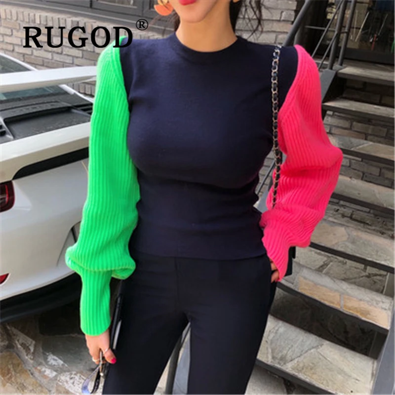 RUGOD, корейское, шикарное лоскутное, свитер, женский, модный, Круглый, с рукавом-фонариком, вязанный, для девушек, пуловеры, Осень-зима, повседневные пальто