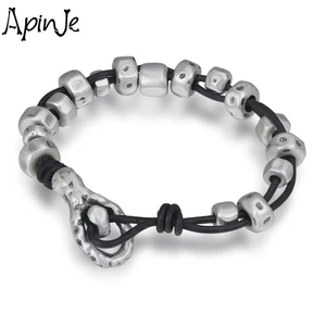 Apinje Solid 999 Fine Silver Bracelet Men Personality Fashion Braided Leather Bead Bracelet Punk Rock Biker Mens Jewelry