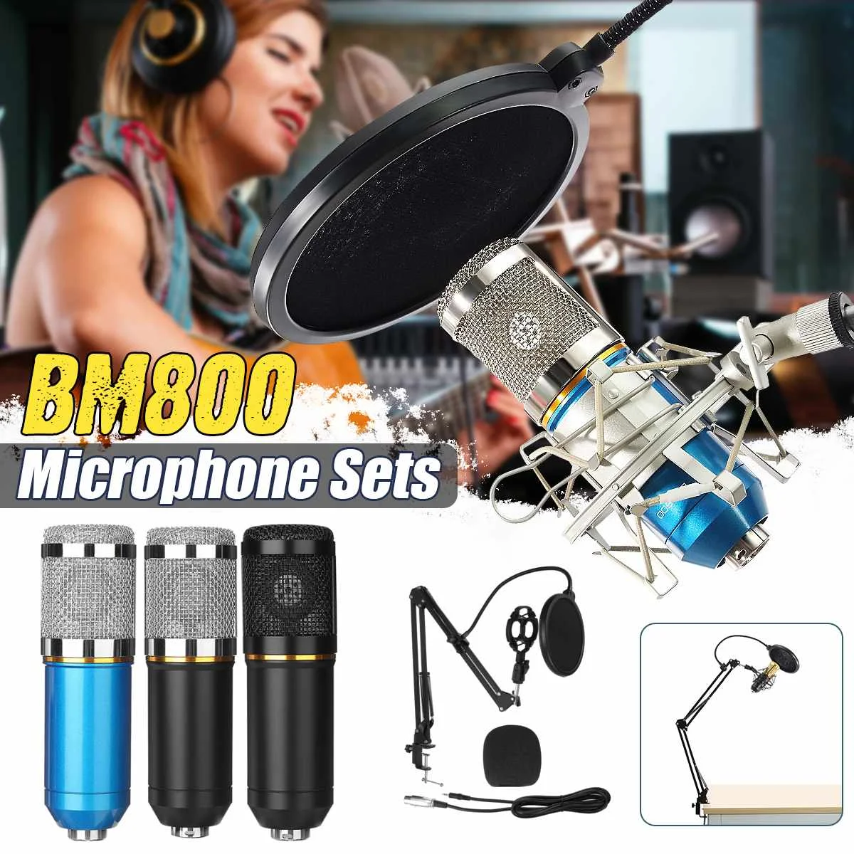 

BM800 Studio Recording Equipmen Microphone Kits Stand Condenser Microphone Wireless Ktv Karaoke Microphone 2 Type