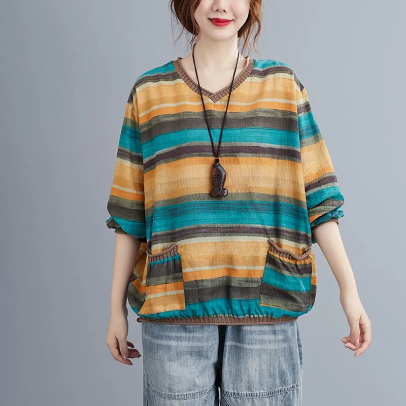 

Women Autumn Cotton Linen Casual Blouses New 2020 Vintage V-neck Striped Loose Comfortable Female Long Sleeve Tops Shirts S2069