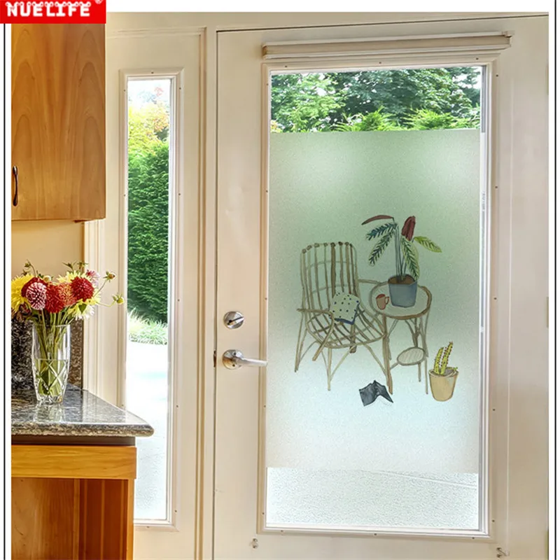 Антиклейкая статическая стеклянная пленка с рисунком зеленых растений и цветов