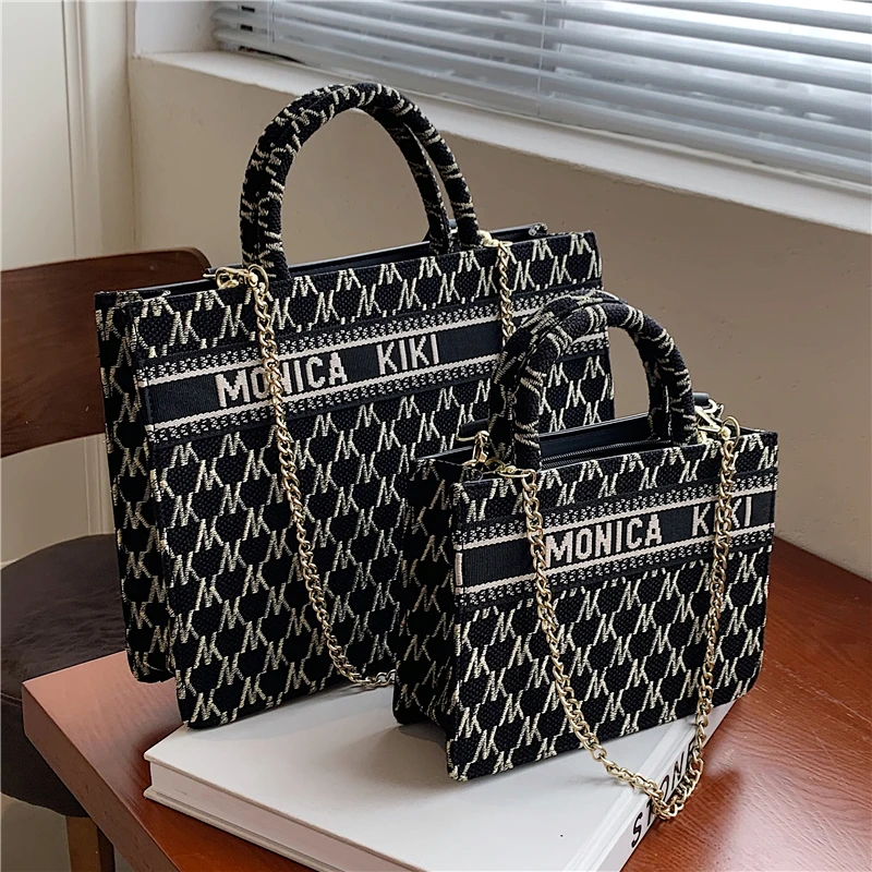 

Burminsa Letters Large Tote Handbags For Women Brand Designer Wide Strap Chain Black Ladies Shoulder Crossbody Bags Trends 2021