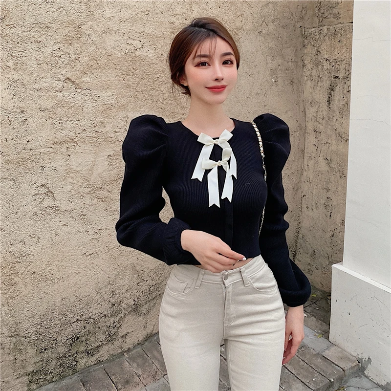 

2021 Korean Autumn Winter New All-Match French Puff Sleeve Pullover Sweater Round Neck Slim Short Retro Base Shirt Sweater
