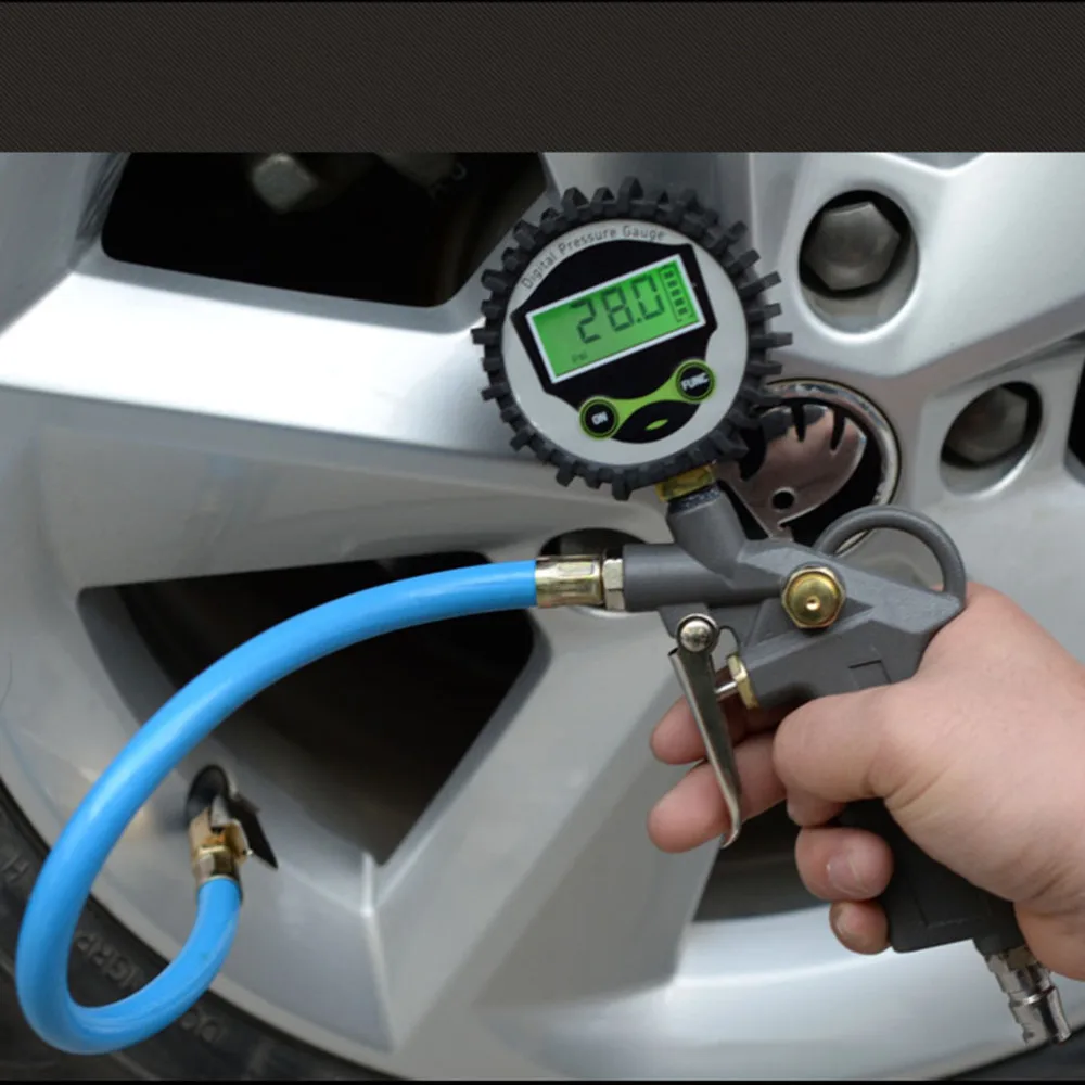 

Multi-functional Tire Pressure Meter Air Inflator Decompression Tool for Truck Motorcycle Car - American Style (Grey)