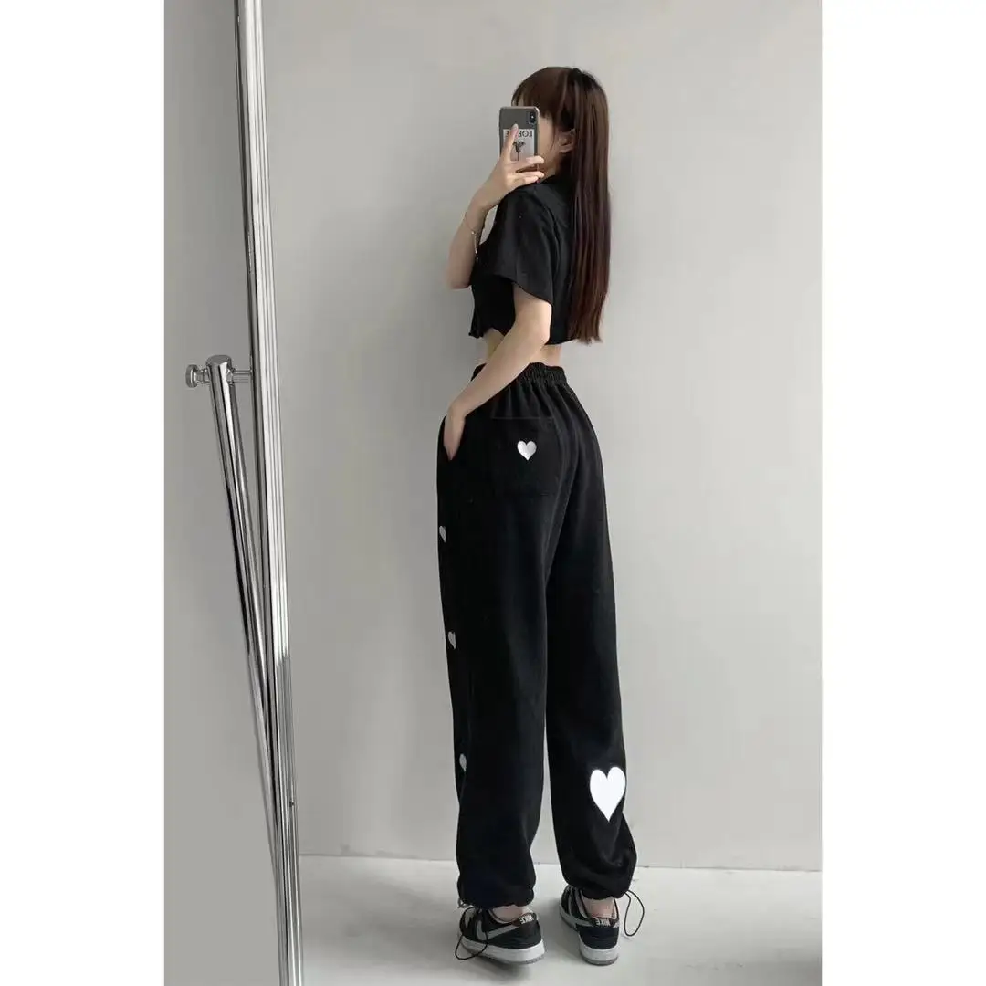 

2021 New Love Embroidered Sweatpants Women's High Waist Loose Straight Wide Leg Pants Women's Drawstring Sweatpants Harajuku