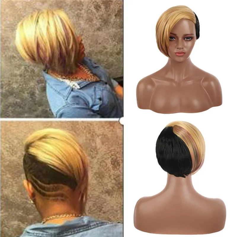 

Lady Short Black Blonde Mixed Straight Wig Synthetic Wig With Bang For Women Daily Party Use Heat Resistant Fiber Nature Looking