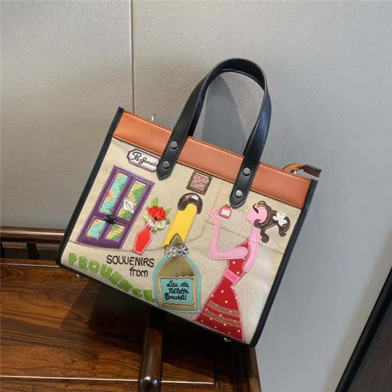Women Bags Canvas Patchwork Embroidery Purse Shoulder Bags Handbags Tote Braccialini Style Handmade Art Cartoon Perfume Girl
