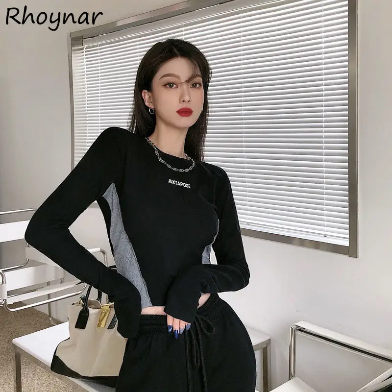 

Футболка женская с длинным рукавом, уличная одежда в стиле пэчворк, приталенный уютный универсальный модный элегантный укороченный топ в с...