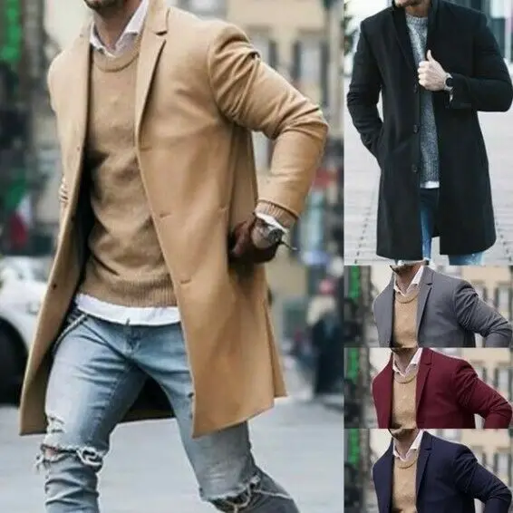 Winter Warm Soft Men's Wool Coat Trench Outwear Overcoat Long Sleeve Button Up Jacket Top | Мужская одежда