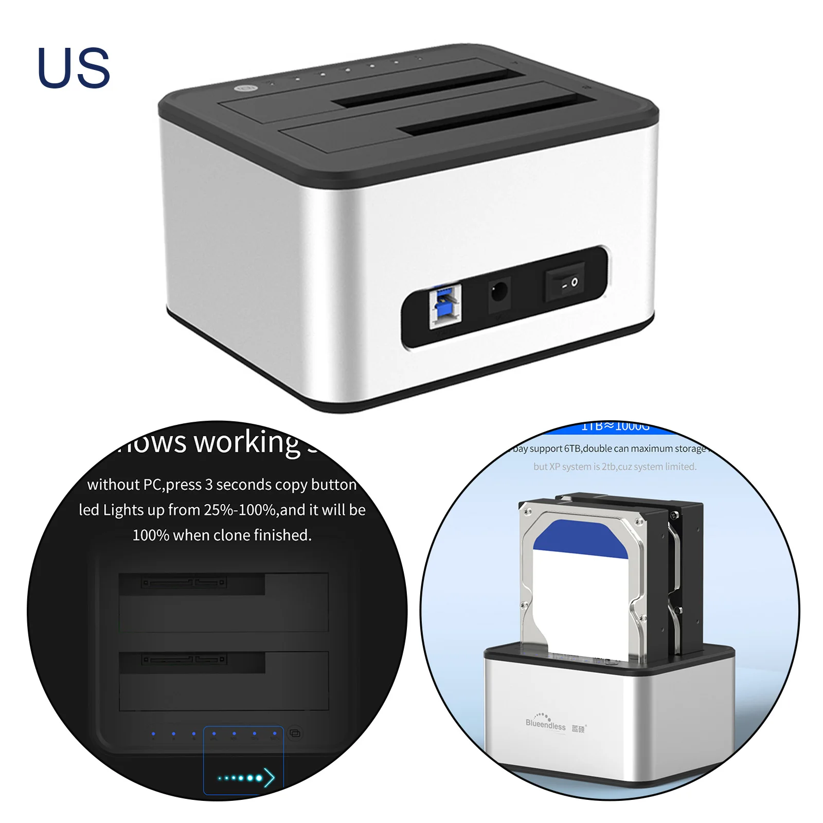 

Док-станция с двумя жесткими дисками USB 3,0 для 2,5/дюйма HDD/SSD, поддержка офлайн-клонов/дубликаторов 16TB-US