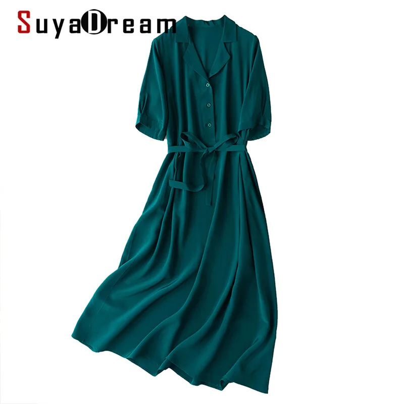 

SuyaDream женское длинное платье, 100% шелк, креп, с короткими рукавами, с отложным воротником, с поясом, платья, весна-лето 2021, зеленое платье