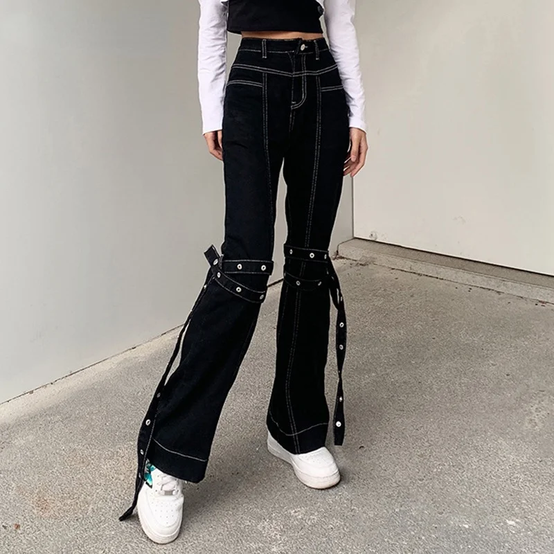 

Черные Готические гранж-джинсы в стиле Харадзюку, женские брюки с широкими штанинами в стиле панк, хип-хоп, бандажные брюки с заклепками и вы...