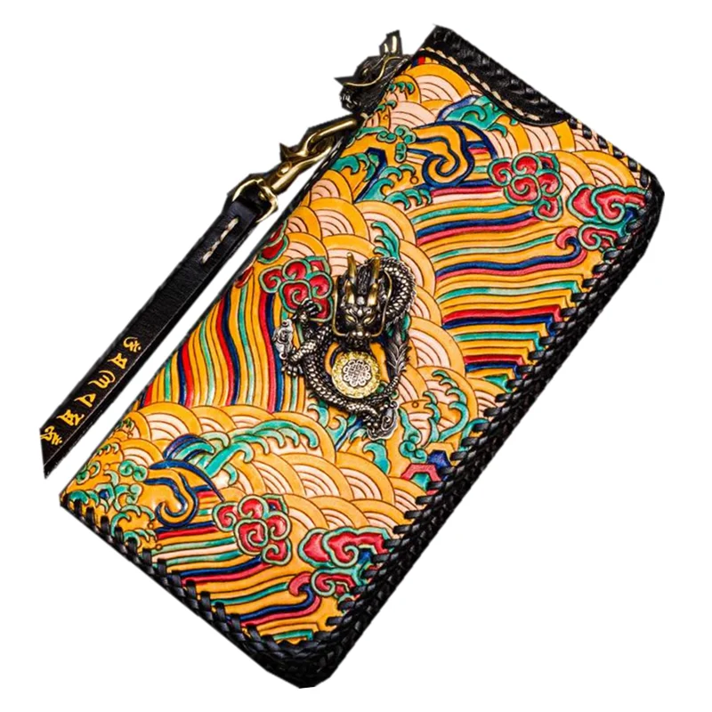 

Women Men Genuine Leather Wave Wallets Carving Imperial Robe Color Bag Purses Long Clutch Vegetable Tanned Leather Wallet