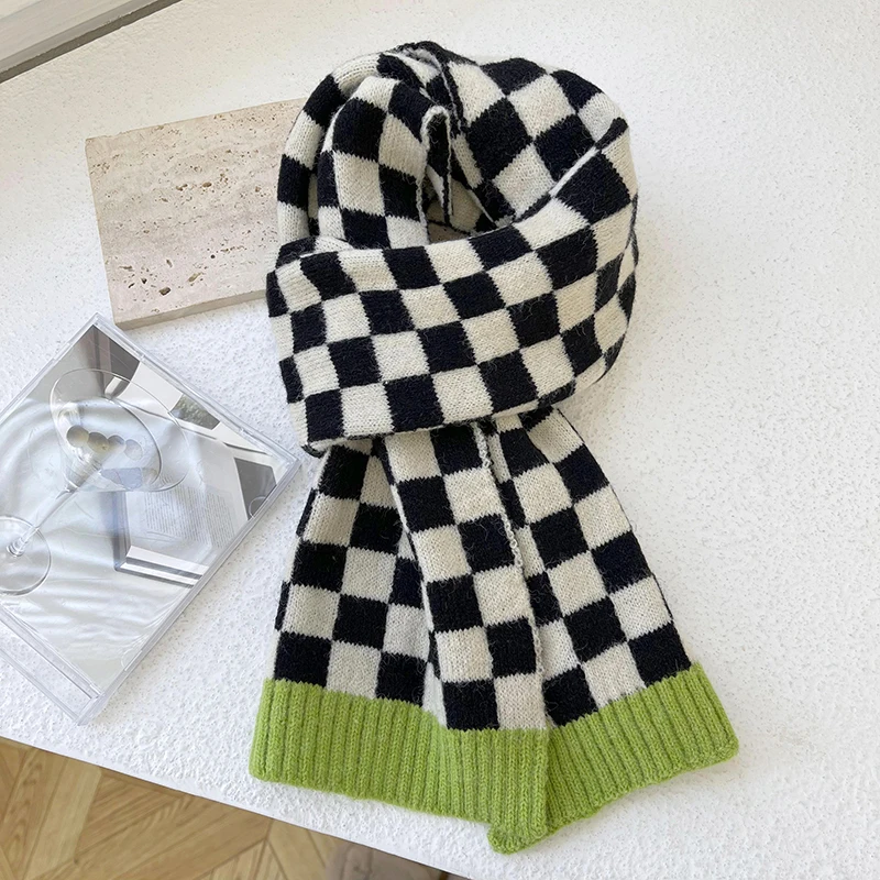 Женский клетчатый шейный платок Luna &amp Dolphin зимний теплый вязаный шерстяной в