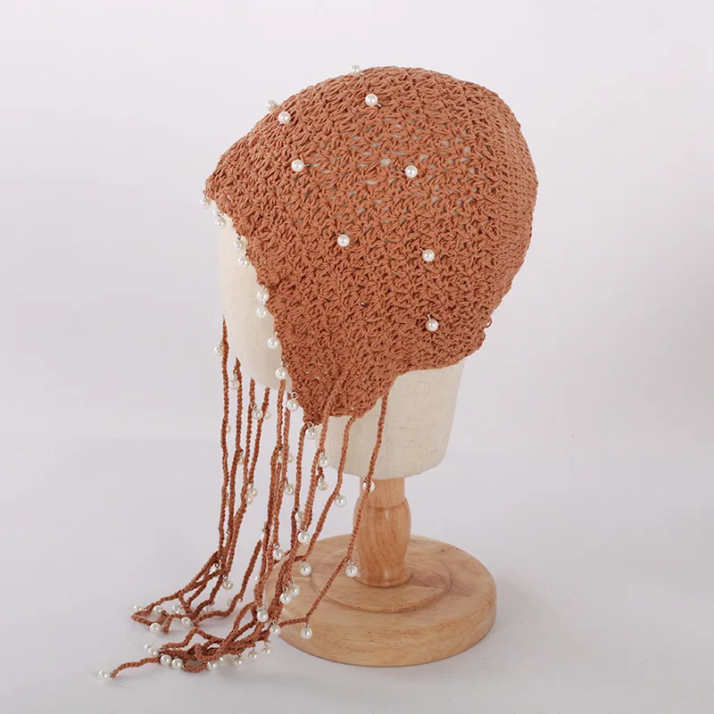 

Fashion Knitted Cap Female Pearls Decorative Hollow Out Elegant Tassels Desigual Autumn Winter Warm Ear Protection Outdoor Cap
